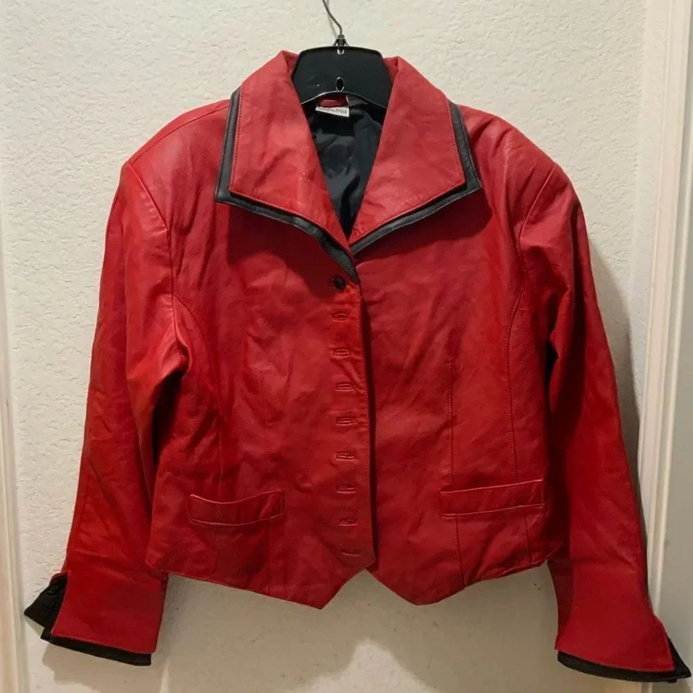 Vintage Styleworks Red Leather Cropped Jacket  Styleworks Size 14